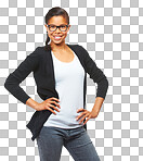 Portrait, student and black girl with glasses, smile and confident girl. African American female, academic and lady with hands on hips, eyewear and empowerment isolated on a png background