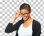 Girl, happy student and glasses in studio portrait with smile, focus and success. black woman, teenager and isolated for motivation, learning and education for future goal isolated on a png background