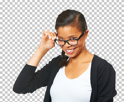 Buy stock photo Glasses, looking and happy woman in portrait isolated on transparent, png background for study, college or education. Face, vision check and confident latino person or student for eye care promotion