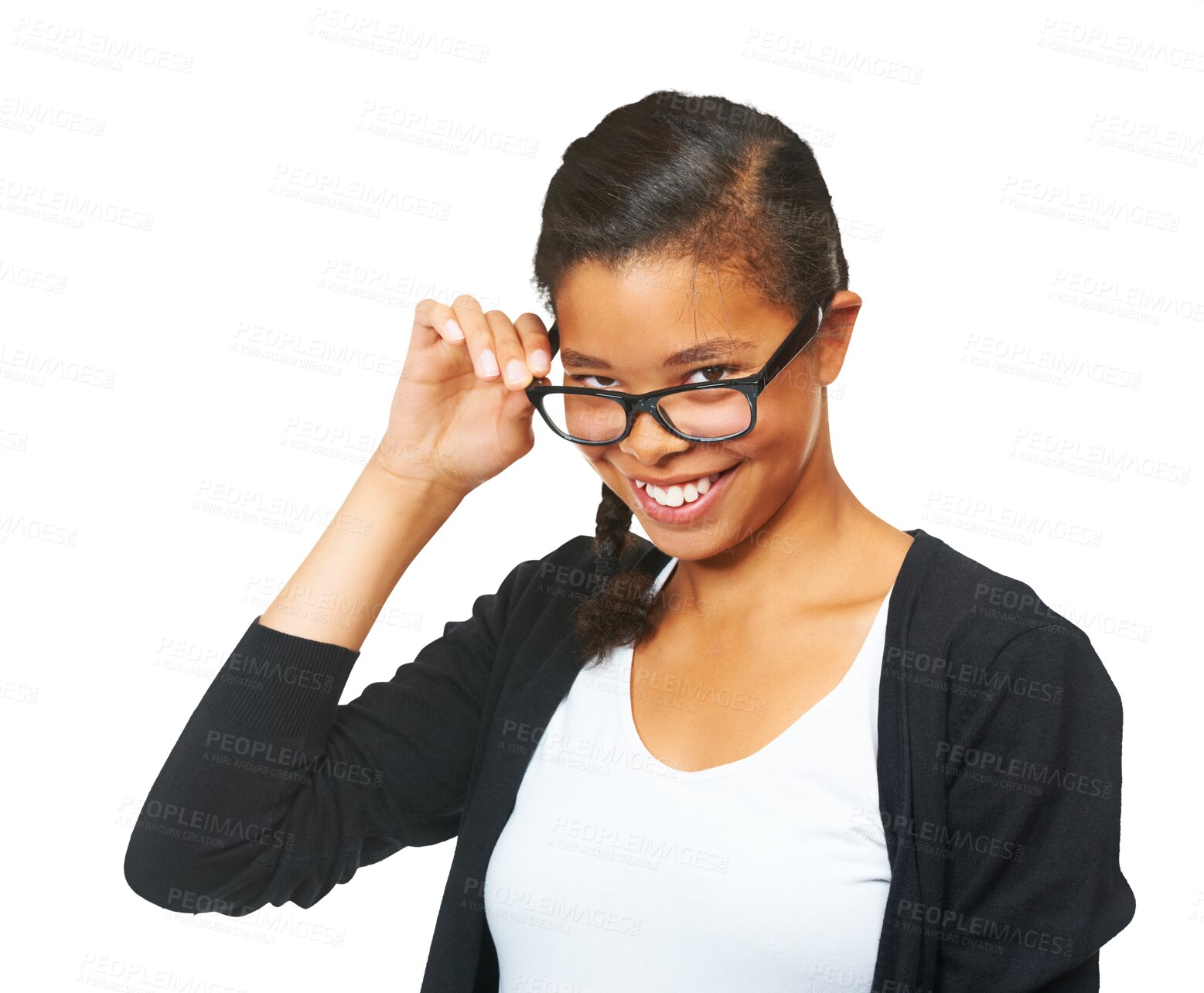 Buy stock photo Glasses, looking and happy woman in portrait isolated on transparent, png background for study, college or education. Face, vision check and confident latino person or student for eye care promotion