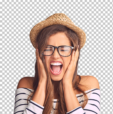 Buy stock photo Portrait of woman, screaming with hat and glasses, excited and shocked, isolated on transparent png background. Wow, excitement and shouting, girl in holiday fashion and hands on face in surprise.