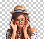 Studio portrait of an attractive young woman peeking over her glasses with attitude against isolated on a png background