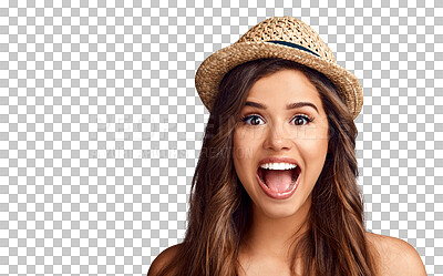 Buy stock photo Face, wow for fashion and woman in hat isolated on a transparent png background. Portrait, surprise and happy model with good news, winning announcement or success with shocked, excited or omg emoji.