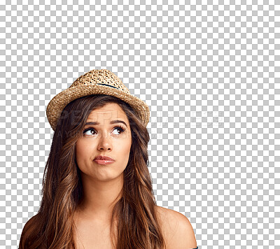 Buy stock photo Wonder, confused and young woman with a thinking, dreaming or thoughtful facial expression. Decision, hat and female model with question or contemplating face isolated by transparent png background.