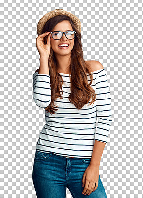 Buy stock photo Glasses, portrait and happy young woman isolated on transparent, png background for optometry, eyes and frame choice. Eye care, style and gen z person or model check sale, promotion or optometry deal