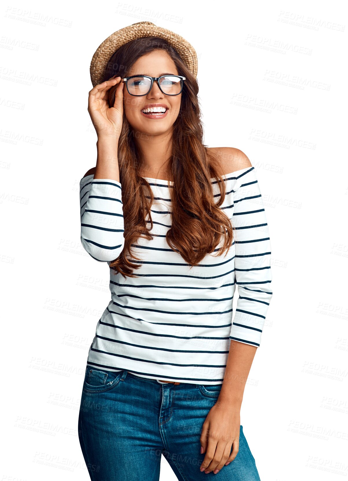 Buy stock photo Glasses, portrait and happy young woman isolated on transparent, png background for optometry, eyes and frame choice. Eye care, style and gen z person or model check sale, promotion or optometry deal