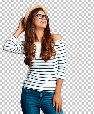 Buy stock photo Happy, woman in glasses and face for fashion on mockup, space or isolated on transparent png background. Girl in a hat, style and summer holiday, vacation or travel mock up of a hipster tourist