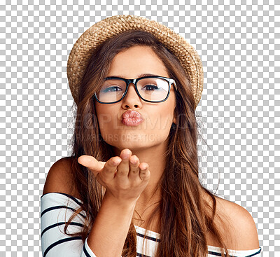 Buy stock photo Isolated woman, blowing and kiss in portrait with glasses, hat and gen z fashion by transparent png background. Girl, model or young college student with trendy clothes, emoji and sign with lips