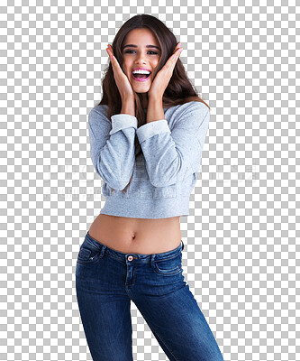 Buy stock photo Fashion, surprise and portrait of a young woman with a casual, trendy and stylish outfit. Happy, smile and female model with cool style and omg or excited face isolated by transparent png background.