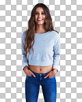 An attractive young woman posing her her hands in her pockets isolated on a png background