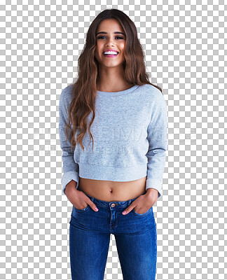 Buy stock photo Happy, fashion and portrait of woman in jeans isolated on transparent png background. Smile, young and a stylish girl model with confidence, happiness and beautiful in trendy and fashionable clothes