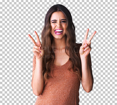 Buy stock photo Portrait of happy woman, smile and peace sign hands, crazy celebration and isolated on transparent png background. Happiness, freedom and excited gen z girl in winning hand gesture, v symbol or emoji