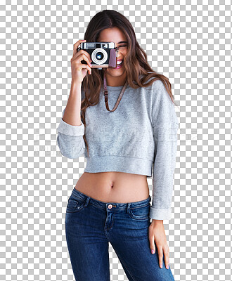 Buy stock photo Woman, camera and vintage in portrait for photography, excited face or transparent png background. Isolated girl, professional photographer and retro tech for memory, smile and happiness for magazine