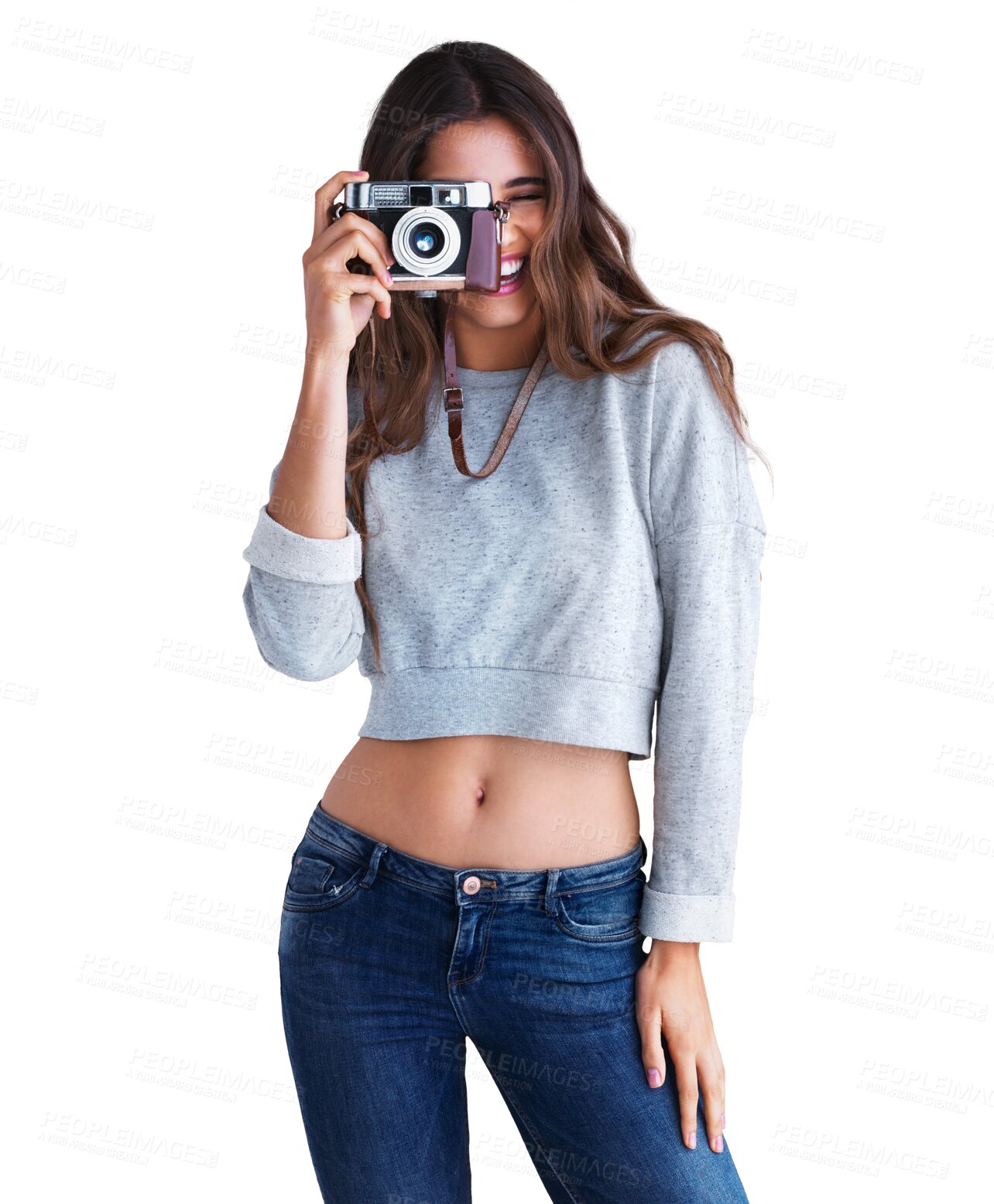 Buy stock photo Woman, camera and vintage in portrait for photography, excited face or transparent png background. Isolated girl, professional photographer and retro tech for memory, smile and happiness for magazine