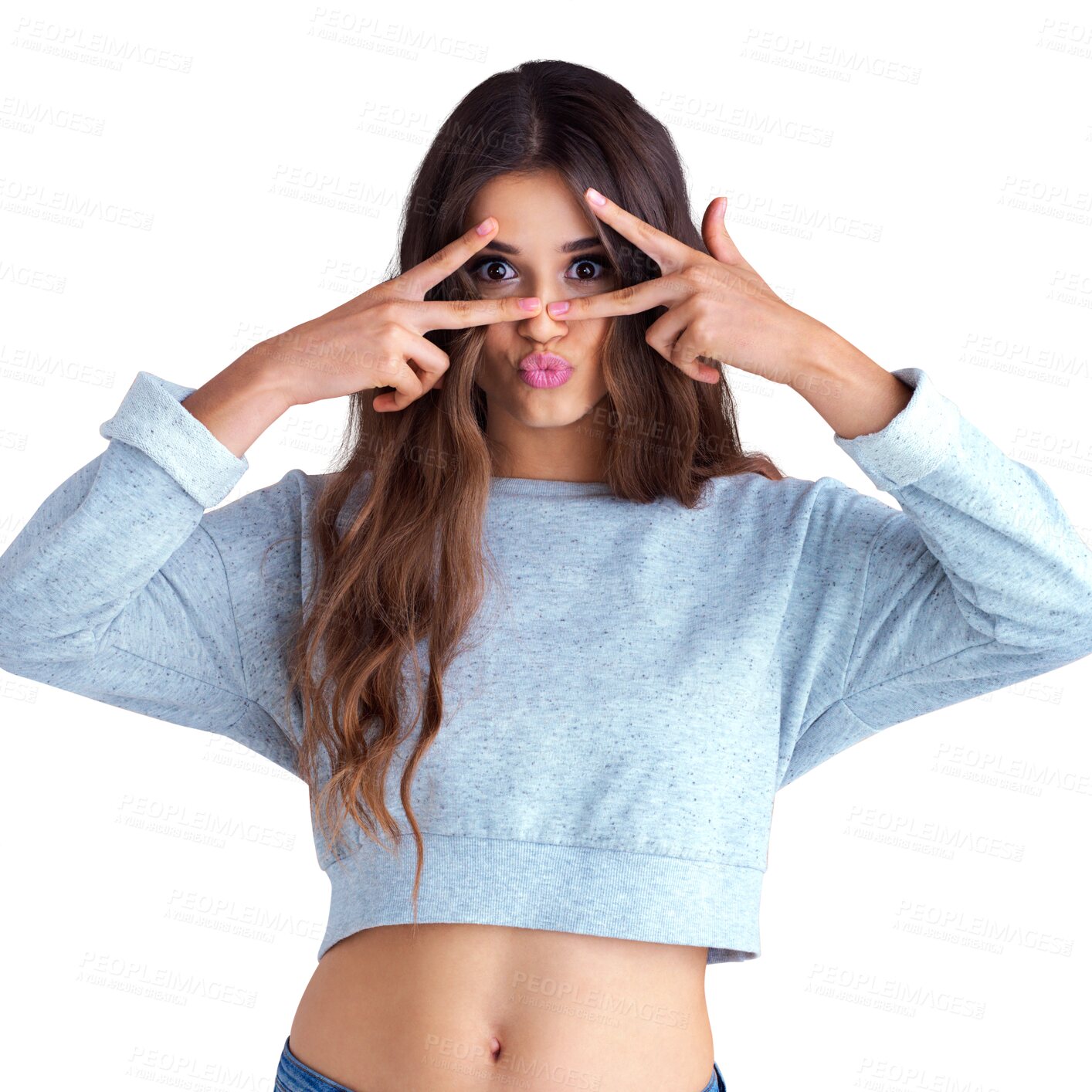 Buy stock photo Portrait of happy woman, kiss and peace sign on face, fashion celebration and isolated on transparent png background. Happiness, cool and excited gen z girl in winning hand gesture, v symbol or emoji