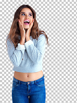 Buy stock photo Excited, woman and hand on face with wow and information in transparent png with isolated background. Open mouth, beauty and surprise face with announcement or news or secret or deal and promo.