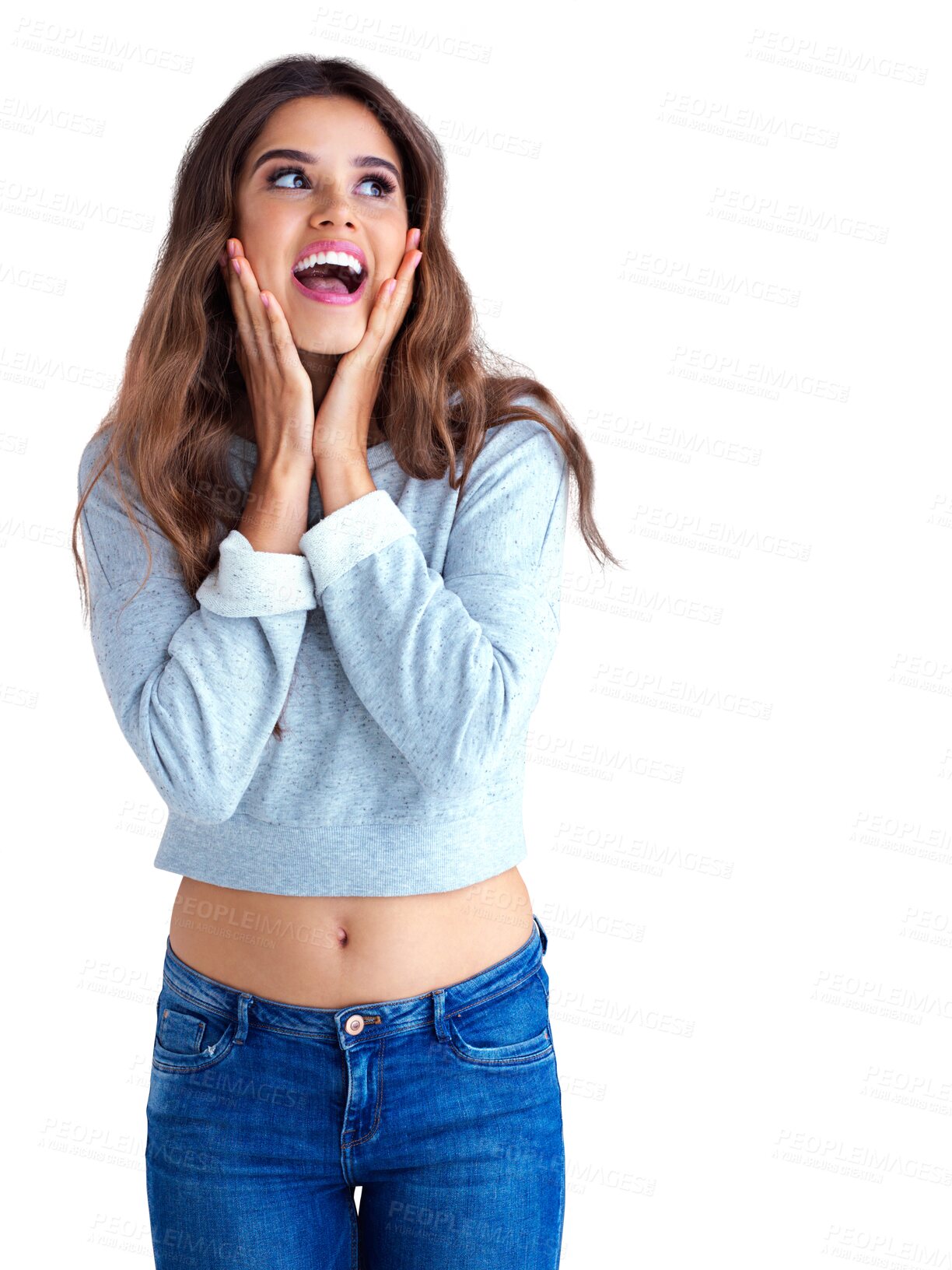 Buy stock photo Excited, woman and hand on face with wow and information in transparent png with isolated background. Open mouth, beauty and surprise face with announcement or news or secret or deal and promo.