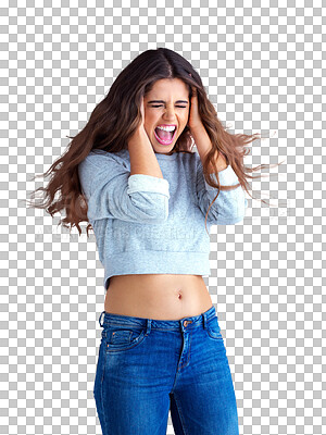 Buy stock photo Angry, scream and young woman with headache isolated on a transparent, png background of stress or mental health.  Shout, anxiety and anger or psychology of person for voice, crazy or noise problem