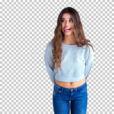 Buy stock photo Crazy, happy and thinking woman with tongue out isolated on a transparent png background. Funny, smile and a young girl or female model with a comic facial expression, goofy and silly attitude