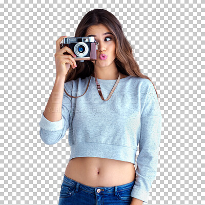 Buy stock photo Isolated woman, funny face and retro camera for photography, comic and transparent png background. Girl, professional photographer and retro technology for memory, pout lips and kiss for magazine