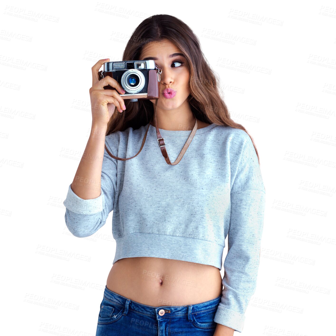 Buy stock photo Isolated woman, funny face and retro camera for photography, comic and transparent png background. Girl, professional photographer and retro technology for memory, pout lips and kiss for magazine