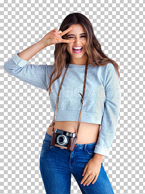 Buy stock photo Isolated tourist, peace sign and retro camera in portrait, photographer woman or transparent png background. Isolated girl, photography or vintage tech for memory, holiday and journalist with emoji