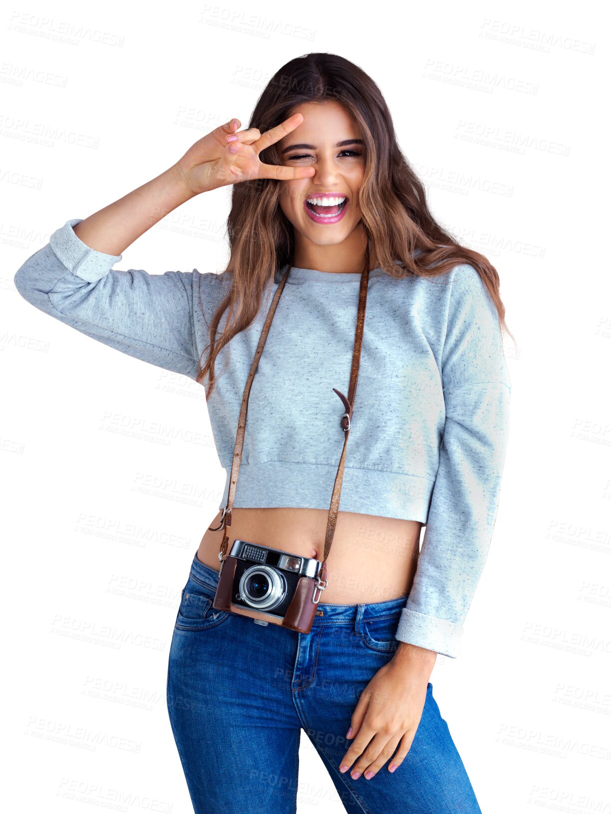 Buy stock photo Isolated tourist, peace sign and retro camera in portrait, photographer woman or transparent png background. Isolated girl, photography or vintage tech for memory, holiday and journalist with emoji