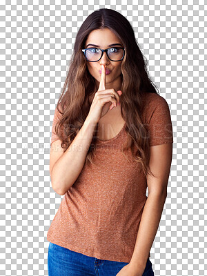 Buy stock photo Secret, portrait and young woman isolated on transparent, png background for student gossip, news or announcement. Quiet, silence and person or model in glasses, finger or hand on lips or mouth sign