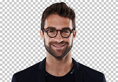 Buy stock photo Isolated business man, glasses and portrait with smile, handsome or fashion by transparent png background. Young businessman, happy entrepreneur or male in headshot, motivation or career development