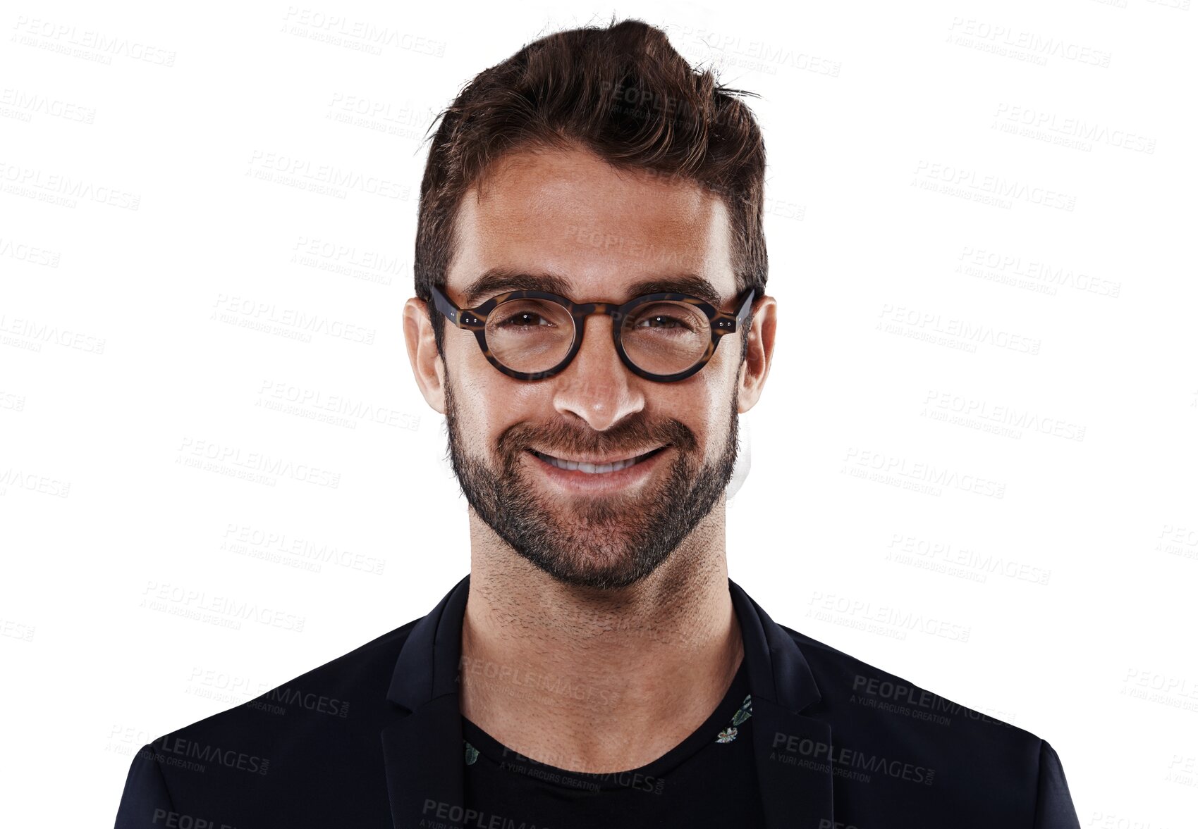 Buy stock photo Isolated business man, glasses and portrait with smile, handsome or fashion by transparent png background. Young businessman, happy entrepreneur or male in headshot, motivation or career development