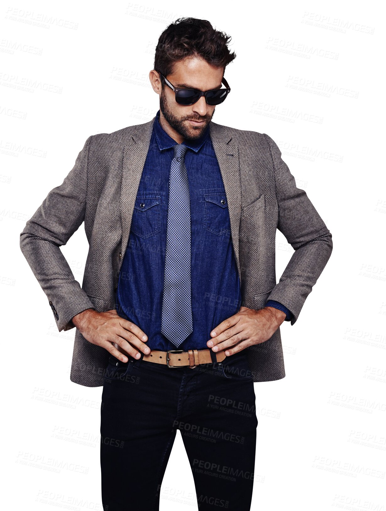 Buy stock photo Fashion, thinking and man with ideas, stylish outfit and confident guy isolated against a transparent background. Thoughts, male person or model with glasses, formalwear or fantasy with wonder or png