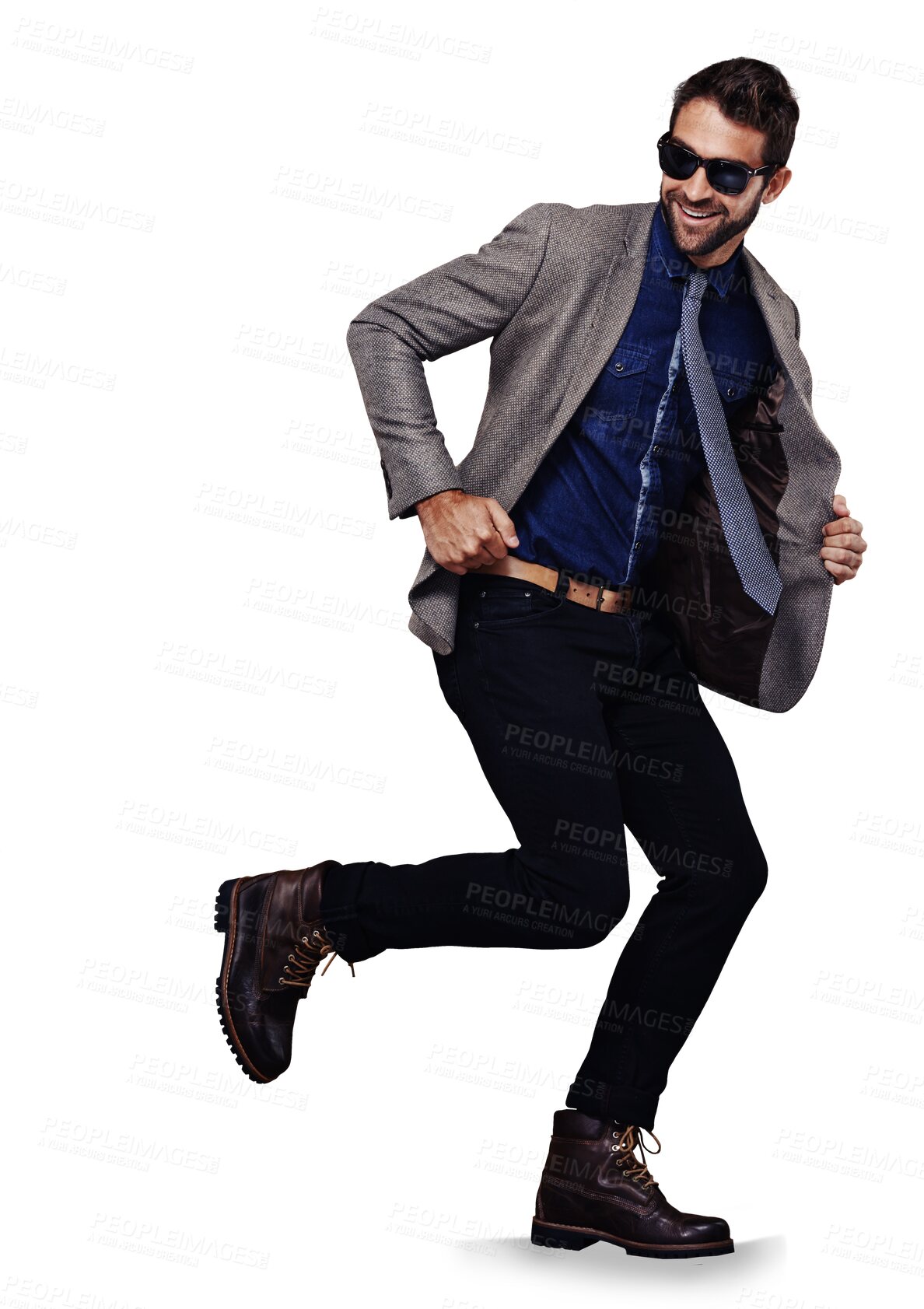 Buy stock photo Fashion, body and business man running isolated on transparent png background for happy career or opportunity. Model, employee or designer person walking in professional clothes or creative suit