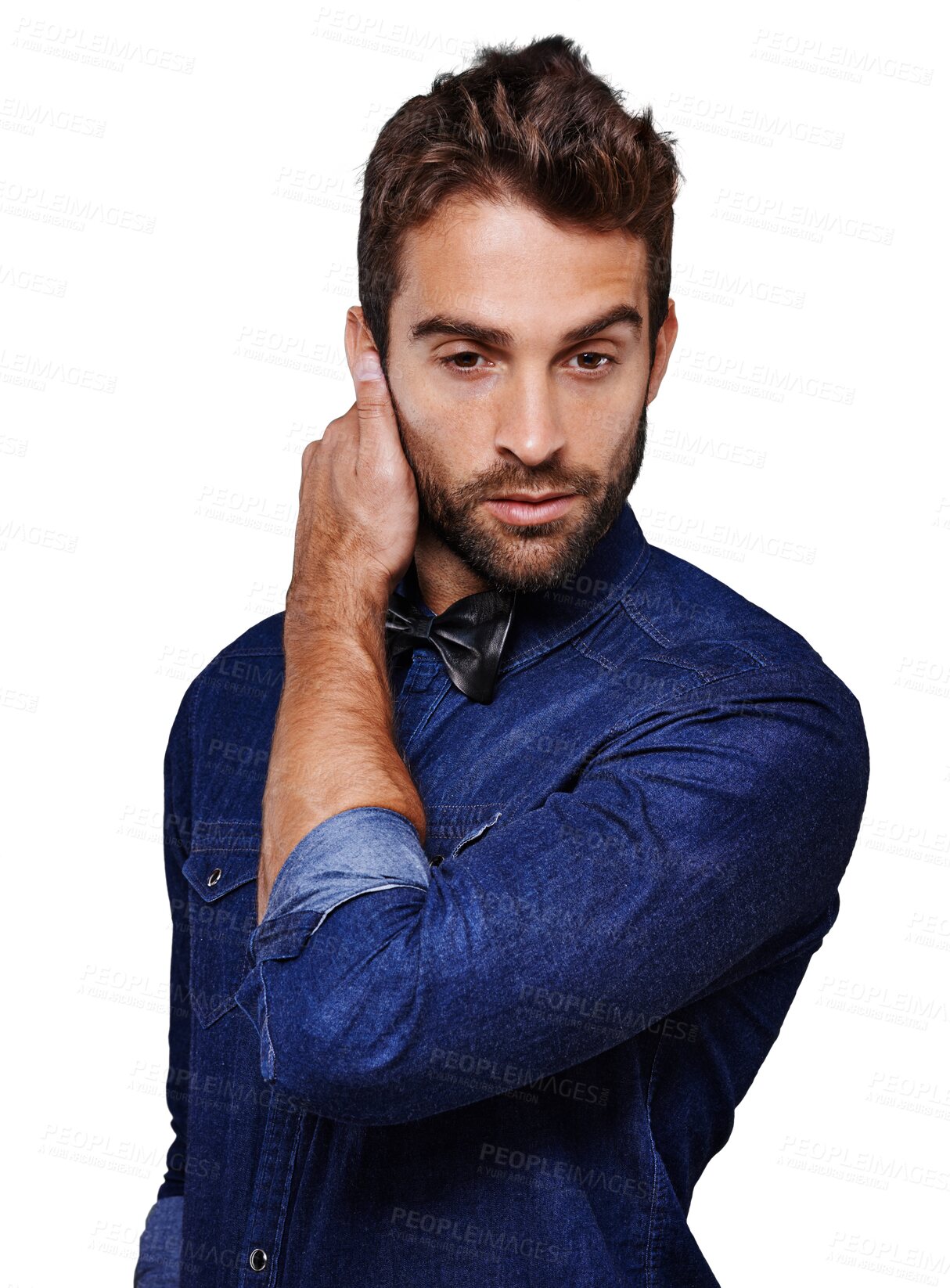 Buy stock photo Fashion, serious and man or model with vintage style or aesthetic isolated in a transparent or png background. Calm, beauty and retro clothes by young person confident, proud and elegant