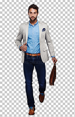 Buy stock photo Bag, portrait and business man walking isolated on transparent png background, fashion and travel. Body of a worker or designer person in professional clothes or creative suit on his way to work