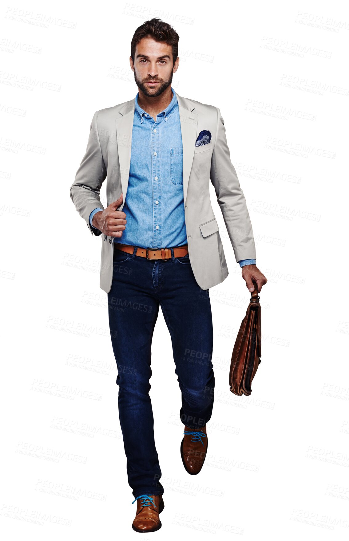 Buy stock photo Bag, portrait and business man walking isolated on transparent png background, fashion and travel. Body of a worker or designer person in professional clothes or creative suit on his way to work