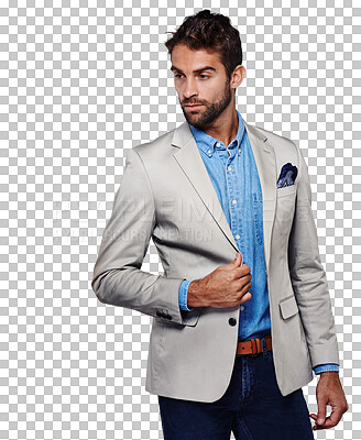 Buy stock photo Thinking, fashion and business man isolated on a transparent, png background for career opportunity or confidence. Businessman, entrepreneur or person in professional clothes and ready for job