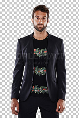 Buy stock photo Fashion, handsome and portrait of man with stylish, elegant and luxury blazer outfit. Confident, young and serious male model with trendy, edgy and classy style isolated by transparent png background