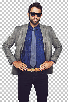 Buy stock photo Fashion, sunglasses and portrait of a young man with a formal, trendy and stylish outfit. Attractive, handsome and cool male model with classy and cool style isolated by a transparent png background.