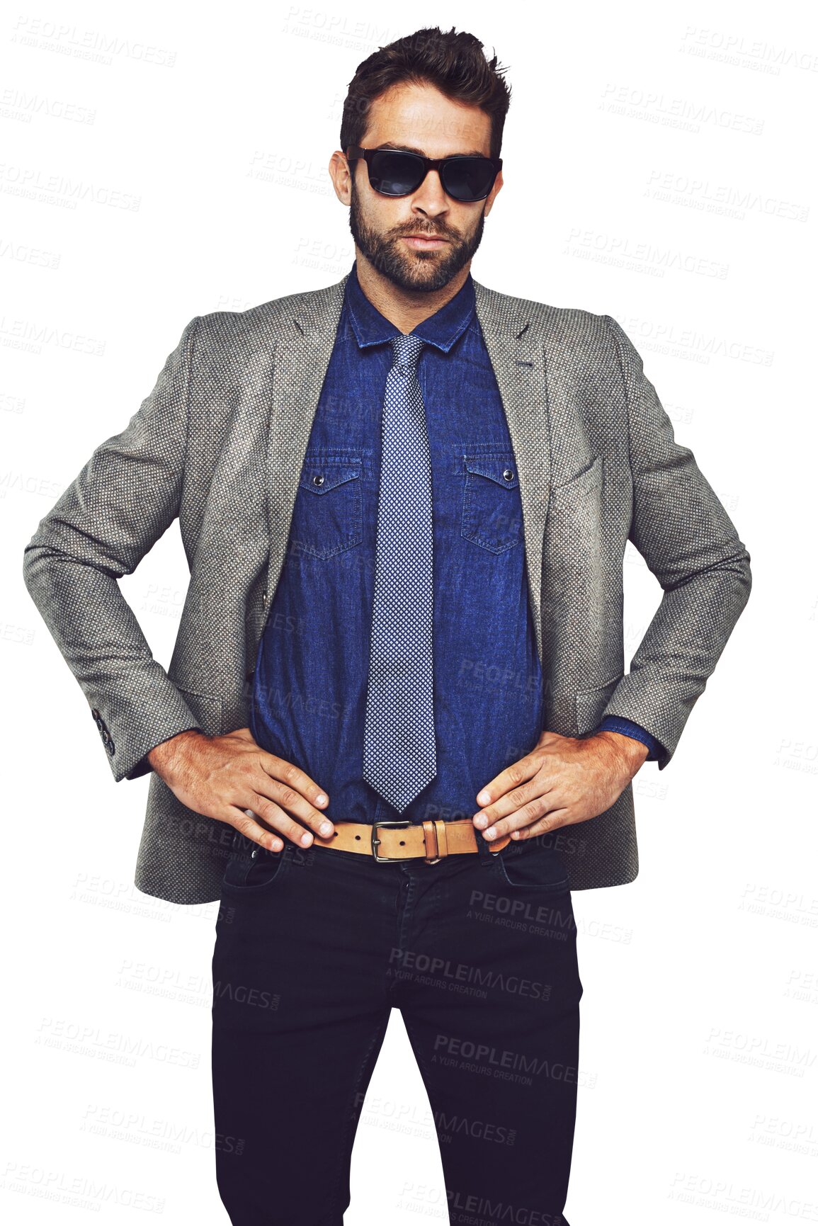 Buy stock photo Fashion, sunglasses and portrait of a young man with a formal, trendy and stylish outfit. Attractive, handsome and cool male model with classy and cool style isolated by a transparent png background.