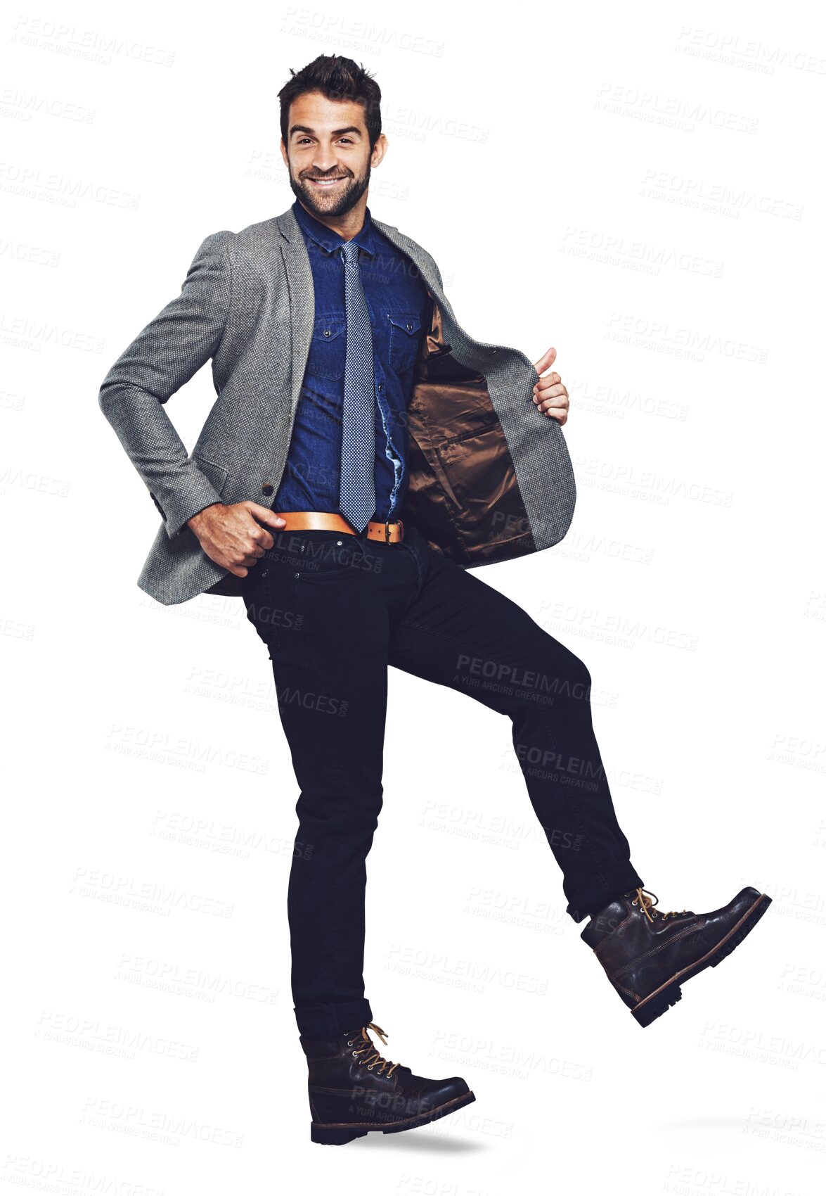 Buy stock photo Portrait, smile and man with fashion, excited or confident guy isolated against a transparent background. Face, model or male person with formal wear, stylish clothes or excitement with png or joyful