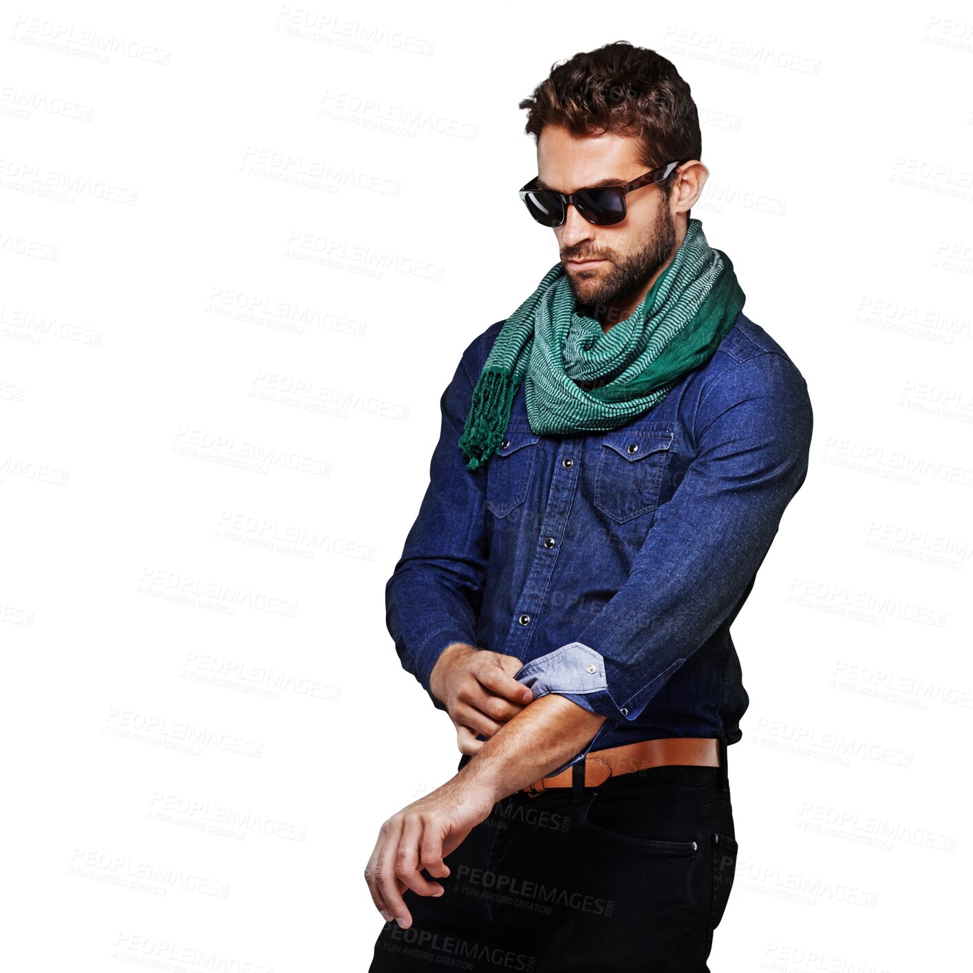 Buy stock photo Stylish man in sunglasses, jeans and isolated on transparent png background for designer casual fashion. Trendy, handsome and cool hipster clothes, male model in blue denim with scarf and confidence.