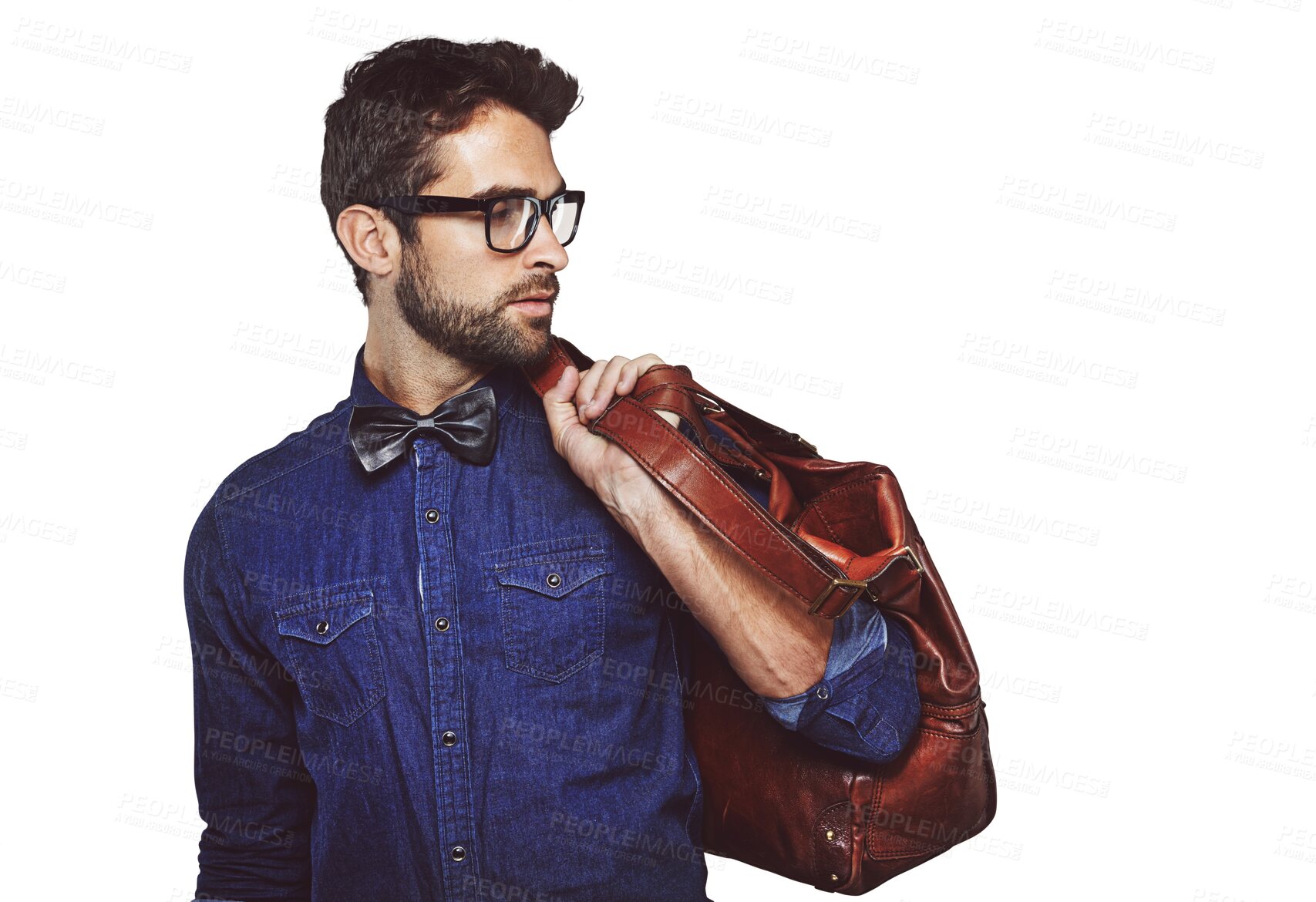 Buy stock photo Isolated business man, luggage and travel for vision, thinking or retro fashion by transparent png background. Young businessman, model and idea for case, leather bag or vintage clothes for aesthetic