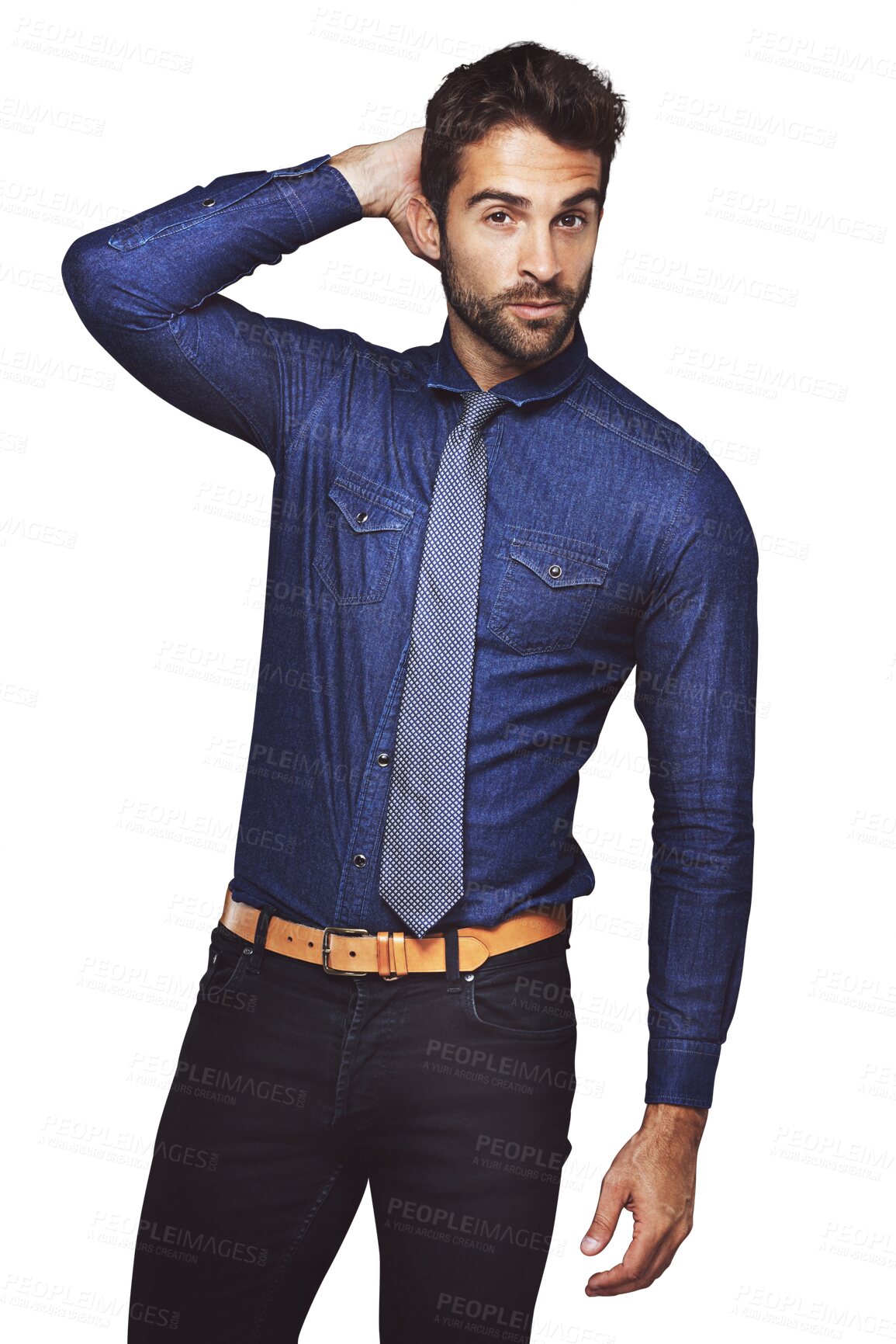 Buy stock photo Fashion, portrait and handsome man with a casual, trendy and denim stylish outfit or clothes. Young, cool and young attractive male model posing with style isolated by transparent png background.