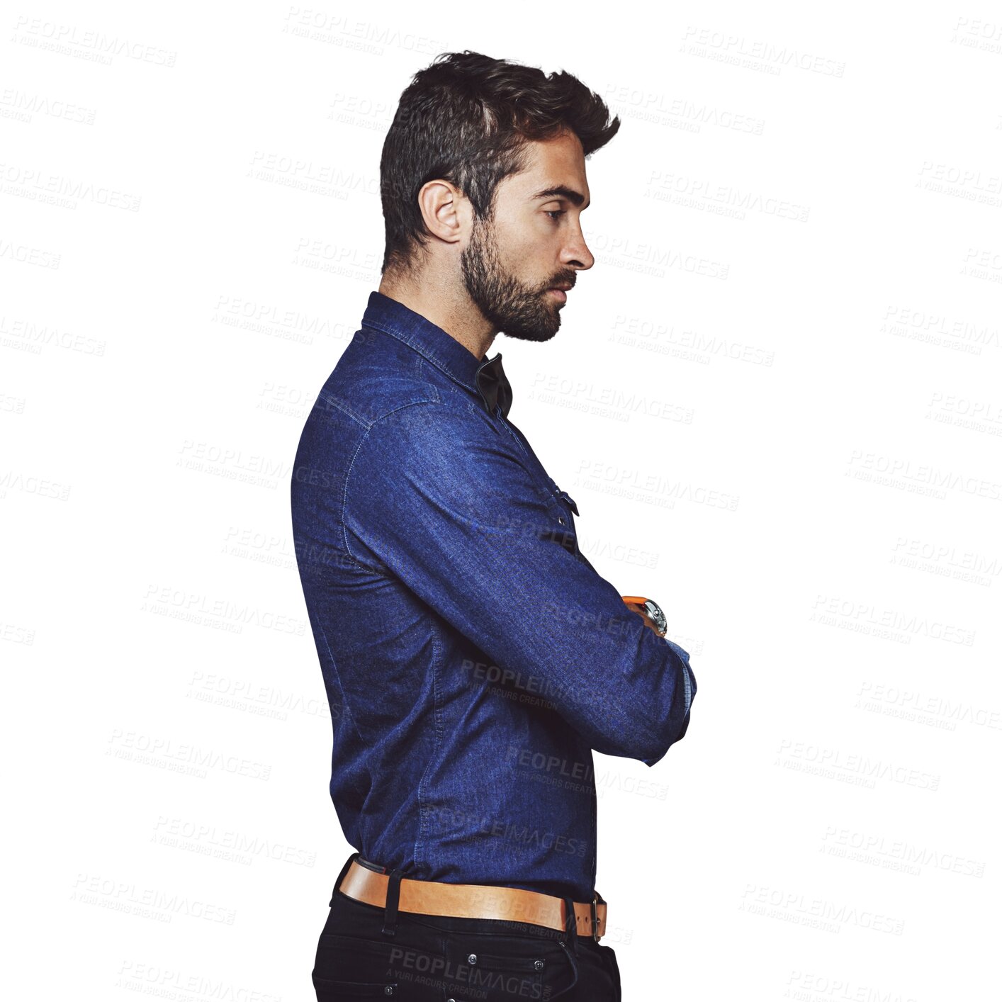 Buy stock photo Profile, serious and man confident in fashion, style and clothes isolated in a transparent or png background. Aesthetic, calm and young person or model proud and elegant with confidence