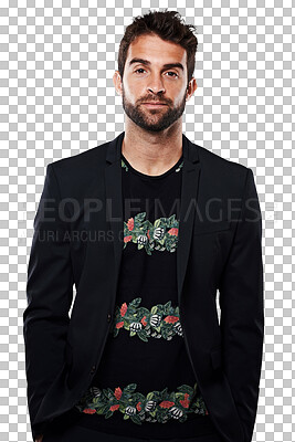 Buy stock photo Portrait, fashion and serious man in suit standing isolated on a transparent png background. Cool, fashionable model and confident male person from Australia in stylish, trendy and classy clothes.