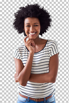 Buy stock photo Isolated African woman, portrait and smile with fashion, beauty and youth by transparent png background. Girl, model or young college student with natural afro, happiness or casual t-shirt for summer