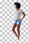 Shot of an attractive and happy young woman wearing a striped sweater and denim shorts indoors isolated on a png background