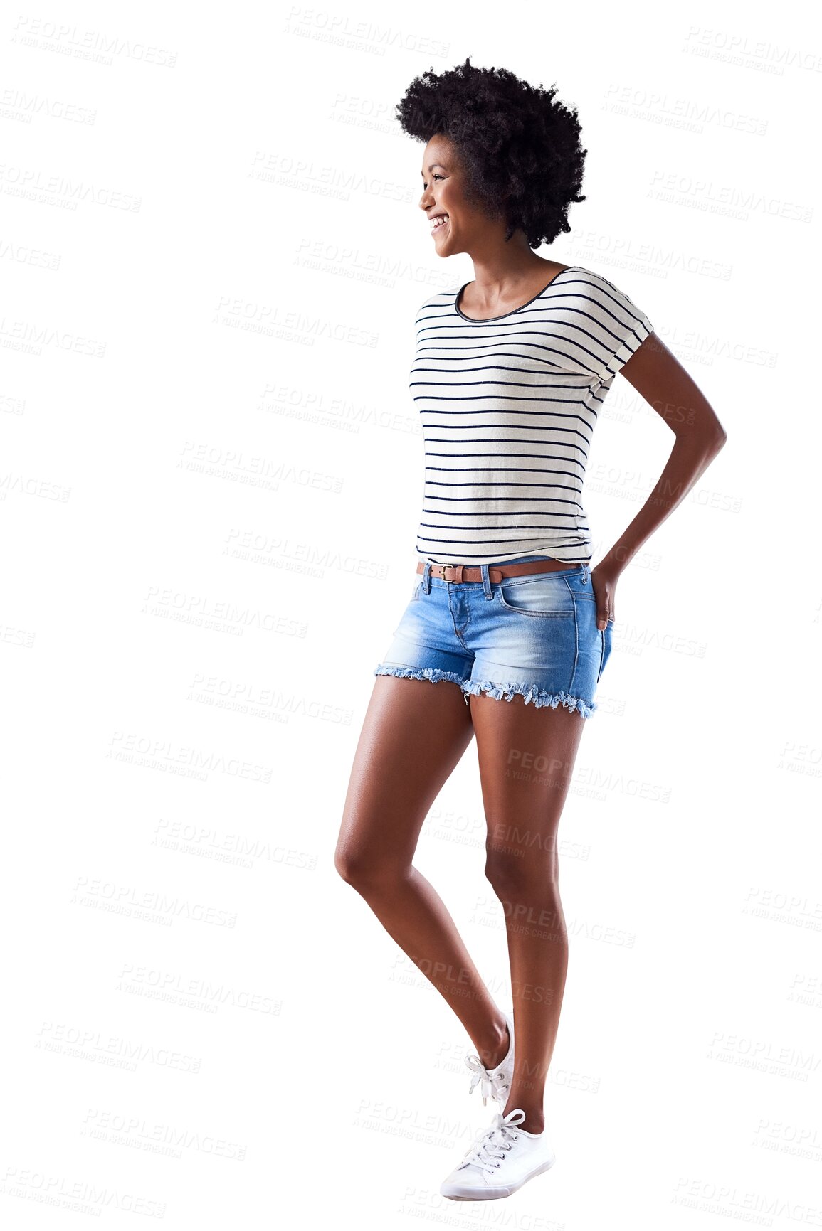 Buy stock photo Isolated African woman, think and smile with fashion, beauty and vision by transparent png background. Gen z girl, model or young university student with natural afro, ideas or t-shirt with happiness