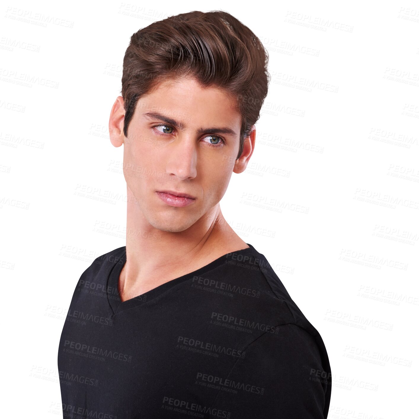 Buy stock photo Face, man thinking and isolated against a transparent png background. Confident or proud model, serious or focus and male person posing for casual apparel with tshirt for fashion clothes alone