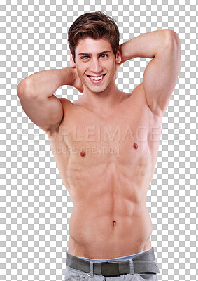 Buy stock photo Happy, sexy and portrait of man on transparent background for muscle, fitness and beauty. Body, health and training with topless male bodybuilder on png for workout, happiness and wellness